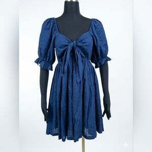 Vici Navy Midi Dress with Puff Sleeves